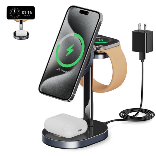 3 in 1 Charging Station Charger Stand for Mag-Safes Function15W Fast Magnetic Charger Wireless Compatible for iPhone 15 14 13 12 Pro/Max/Plus/MiniAirPods Pro/3/2iWatch 9/8/7/6/SE/5/4/3/2 Black